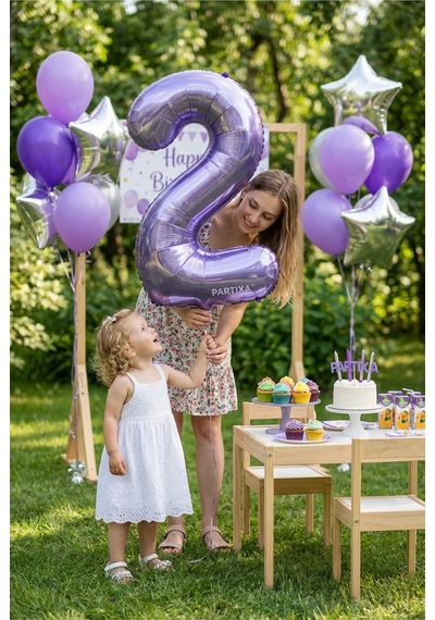 32 İnç Mor Rakam 2 Folyo Balon Çok Renkli
