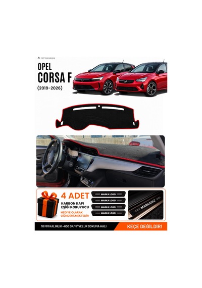 Opel Corsa F 2019-2026 Uyumlu Torpido Örtüsü, Torpido Kılıfı - Siyah Kırmızı