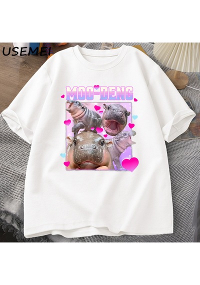 Flood Of Style Komik Moo-deng Bebek Pygmy Hippo Sevimli Hayvanat Bahçesi T Shirt Adam Kadın Nedensel Pamuk K Beyaz