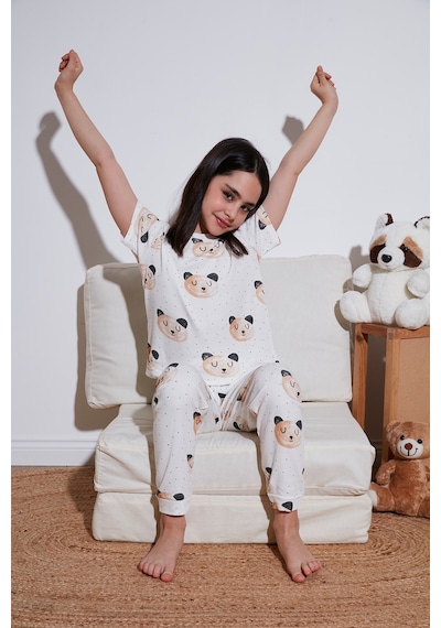 Lela % 100 Pamuk Bisiklet Yaka Kısa Kollu Kız Çocuk Pijama Takımı 6651002 Ekru