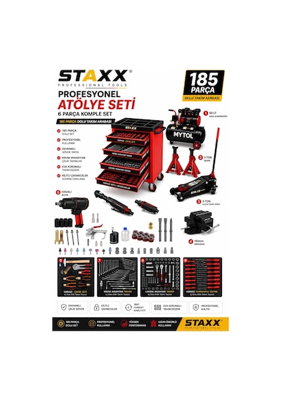 Staxx 185 Parça Atölye Seti 6'lı Servis Paketi Takım Arabası + Kompresör + Kriko + Mengene