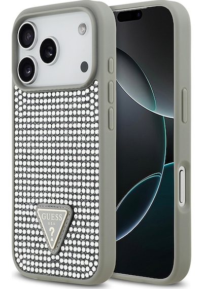 Apple Uyumlu iPhone 17 Pro Kılıf Guess Lisanslı Taşlı Arka Yüzey Üçgen Logolu Kapak Gümüş
