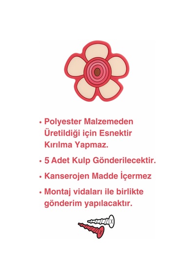 5 Adet Kırmızı Papatya Çocuk Odası Mobilya Kulbu Seti - Tek Vidalı Dolap ve Çekmece Kulpları Kırmızı