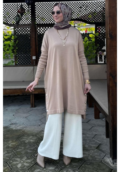 Rabia Şamlı Sevda Triko Tunik Bej Çok Renkli