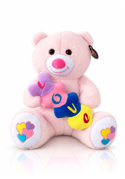 Renkli Kalpli Ayıcık Peluş Oyuncak Ayıcık 60cm - Hediyelik Peluş Oyuncak 046 - Pembe
