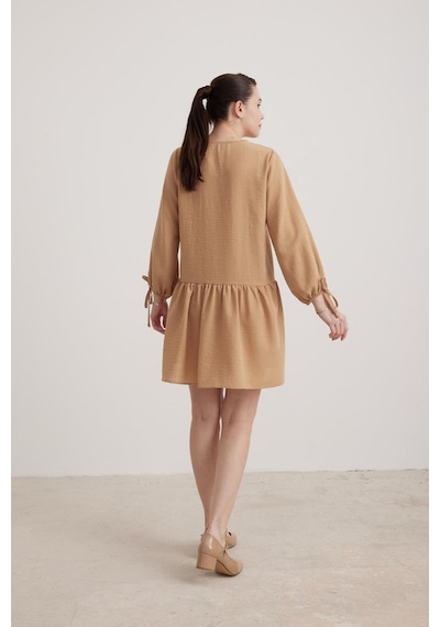 Vos Versa Kadın Kol Bağlama Detaylı Keten Camel Elbise Vvk7260-420-camel