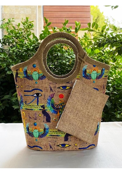 Jüt Hasır Afrikan Birds Plaj Çantası Çok Renkli