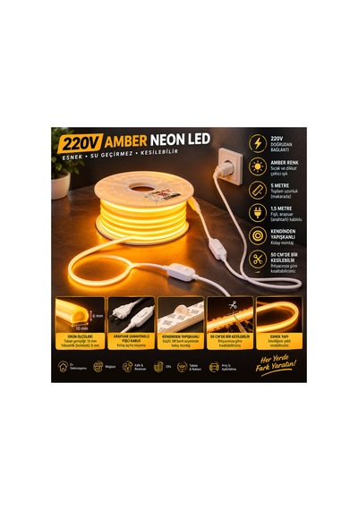 5 Metre Amber 220v Neon Led Şerit ,tak Çalıştır Set, Fişli Anahtarlı Esnek Şerit Led, ,turuncu Led,mutfak,tezgah Ledi,led Şerit Işık ,ambiyans Işık Havuzu, Kendinden Yapışkanlı,kehribar Led