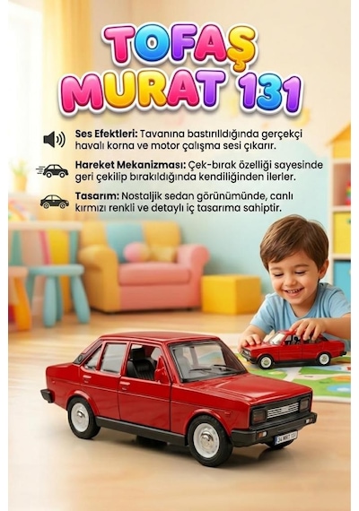 Nostaljik Tofaş Murat 131 Oyuncak Araba Işıklı, Çek-bırak Mekanizmalı Oyuncak Araba Kırmızı
