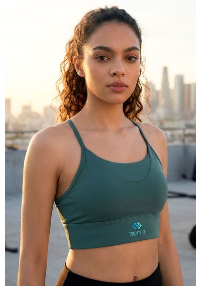 Tommy Life Orman Yeşili Standart Fit Baskılı Sırt Detaylı Kadın Spor Büstiyer - 97300 Yeşil