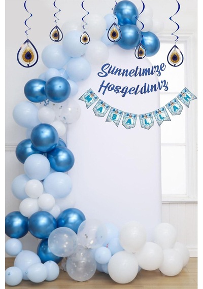Sünnetimize Hoşgeldiniz Banner, Maşallah Banner, Nazar Boncuğu Tavan Süs Ve Balon Zincir Set Mavi
