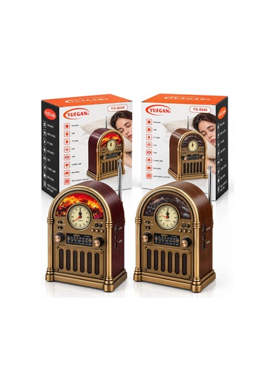 Saatli - İbreli Şömineli Radyo - Retro Am - Fm - Sw Usb - Type-c Sarjlı Bt - Tf - Usb Speaker Yg-6040 Pl-4733 5580