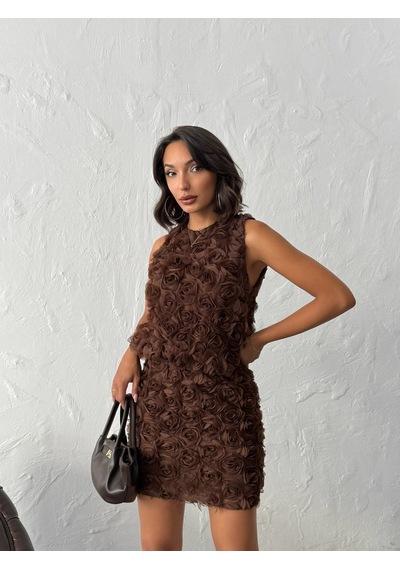 Verymoda Gül Desenli Tül Etek F1757 Kahve