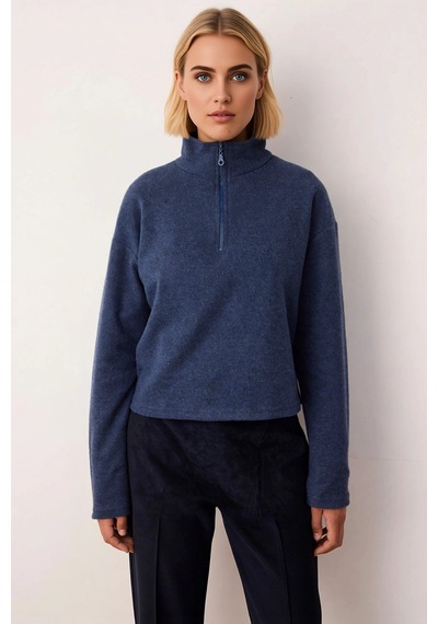 Benerly Kadın Dik Yaka Düşük Kol Fermuarlı Regular Kalıp Örme Sweatshirt Indigo