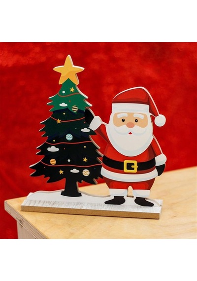Yılbaşı Yeniyıl Dekorasyonu Ahşap Çam Ağacı Ve Ahşap Noel Baba Biblo Yılbaşı Christmas Temalı Biblo