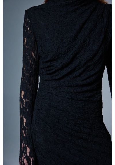 Sateen Dantel Elbise - Siyah-137079 Siyah