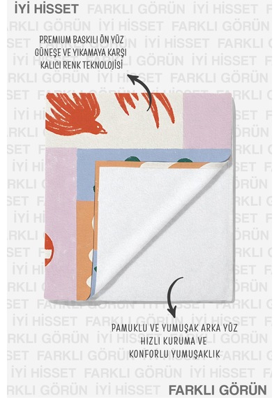 Çiçekli Geometrik Modern Plaj Havlusu - Bohem Pastel Renkli Sanatsal Hızlı Kuruyan Mikrofiber Havlu Çok Renkli
