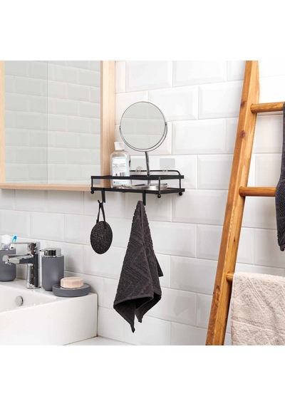 Ahşap Görünümlü Kancalı Banyo Duş Rafı - Siyah Çok Renkli