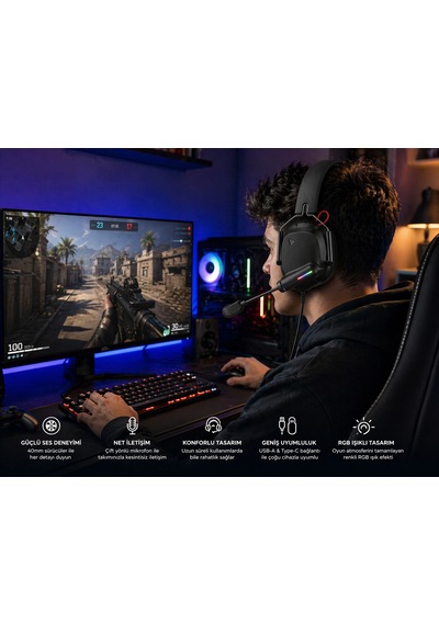 Rgb Oyuncu Kulaklığı Mikrofonlu 40mm Sürücü Kablolu Gaming Headset