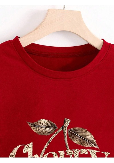 Uyguntarz Unisex Leopar Desenlı Vişne Baskılı Tasarım Tshirt Kırmızı