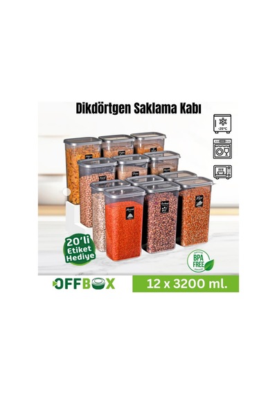Offbox Dikdörtgen Bakliyat Baharat Gıda Saklama Kabı - 3.2 Lt. - 12 Adet Antrasit Şeffaf
