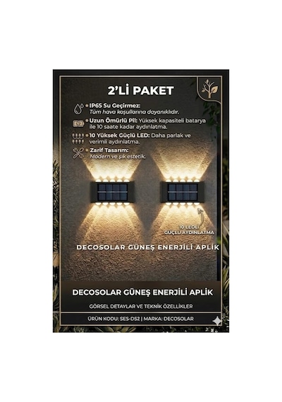 2'li Set Güneş Enerjili Duvar Apliği 10 Led'li Su Geçirmez Dış Mekan Aydınlatma Gün Işığı 2 Adet