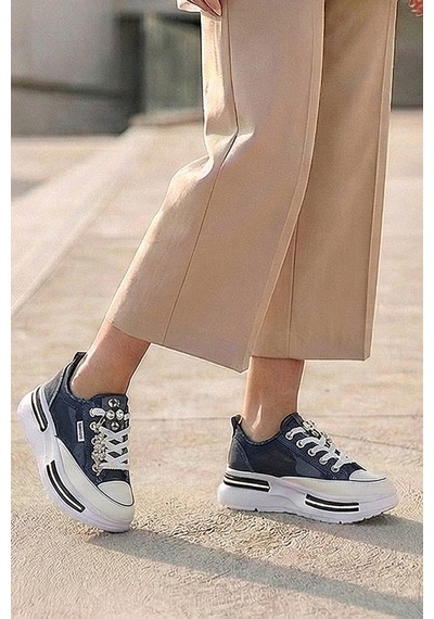 Tw Tonny White Tokyo - 172 Tül Detaylı Keten Sneakers Topuk Boyu 5cm Lacivert