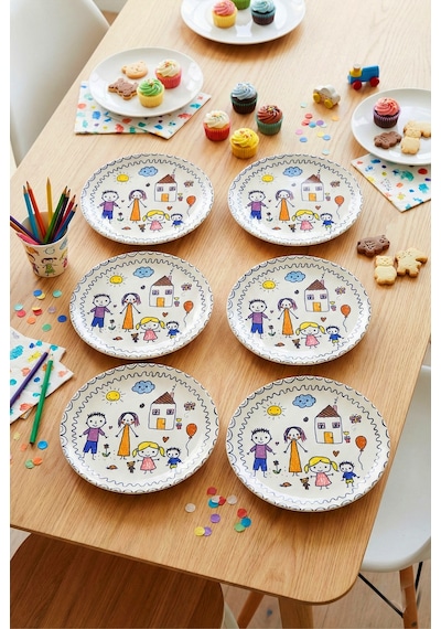 Grandora Çocuk Desenli Pasta Tabağı 20 Cm 6 Lı Set - Renkli Aile Figürlü Tatlı, Pasta Veya Ikram Tabak Çok Renkli