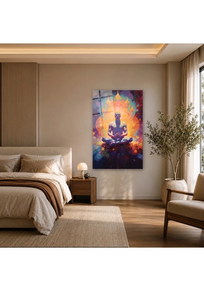 Renkli Aurada Lotus Meditasyonu Çerçevesiz Cam Tablo