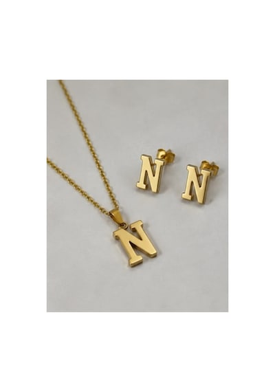 N Harfi 14K Gold Çelik Harf Kolye Küpe Takı Seti - İsim Baş Harfi Kişiye Özel Kararmaz Antialerjik Kadın Set
