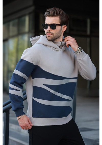 Madmext Boyalı Gri Kapüşonlu Fermuar Yaka Desenli Erkek Sweatshirt E7162 Gri