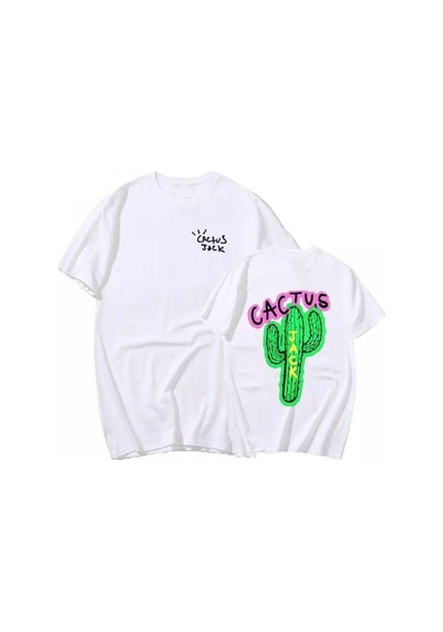 Flood Of Style Unisex Beyaz Cactus Baskılı Oversize Bisiklet Yaka Tshirt