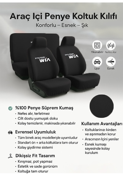 Her Mevsim Rahatlik Sunan Hyundai Elantra İle Uyumlu Oto Koltuk Kilifi İle Aracinizda Ferahlik Siyah