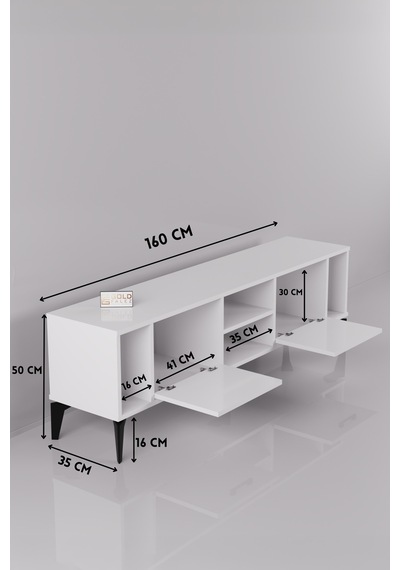 Tv Sehpası 160 Cm Modern Çok Amaçlı Dolaplı Raflı Televizyon Ünitesi Linya Beyaz