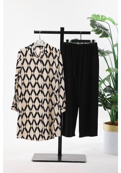 Polologin Butik Siyah Bej Kare Desenli Büyük Beden Viskon Tunik Siyah