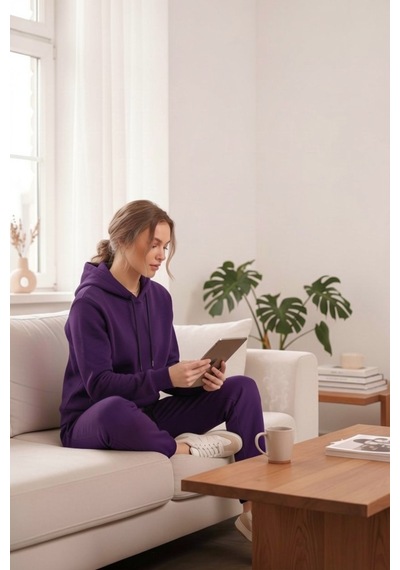 Moibody Kadın 3 İplik Şardonlu Eşofman Takımı Premium Kapüşonlu Sweatshirt Ve Jogger Alt Mor Mor