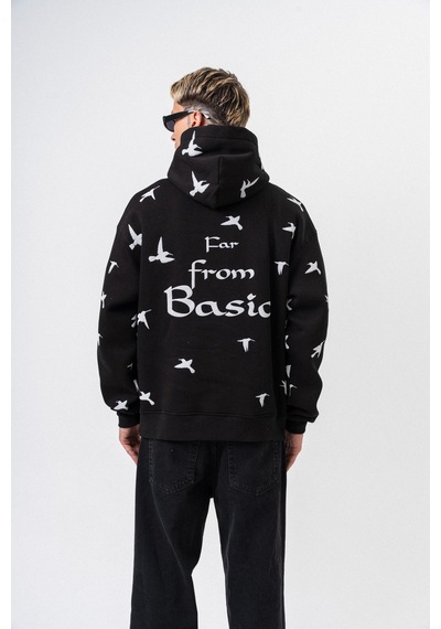 Respire Erkek Far From Basic Baskılı Kapüşonlu Oversize Hoodie Siyah