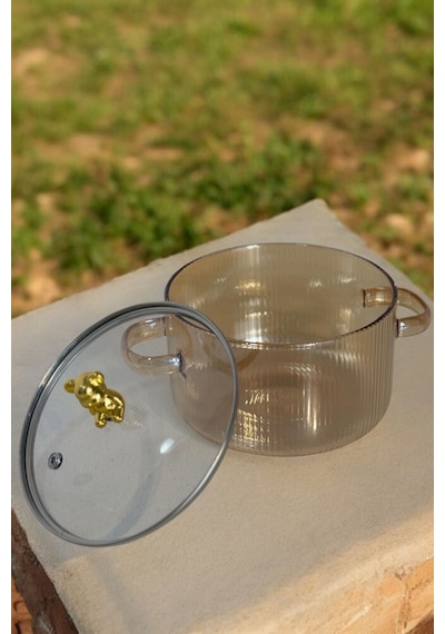 Qerhome Borosilikat Cam Amber Gold Detaylı Ayıcıklı Tencere 1700 Ml Gold