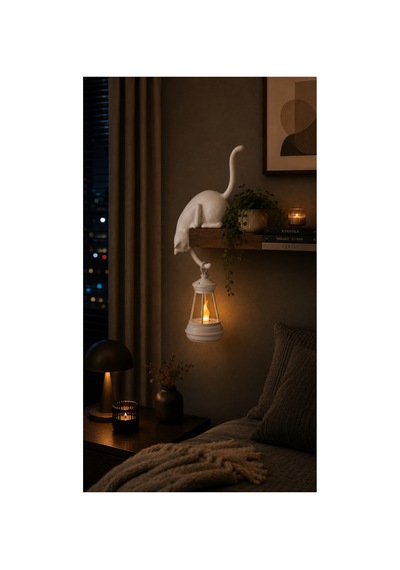 Dekoratif Kedi Raf Süsü Ve Led Fener Seti 24cm Modern Masa & Duvar Dekoru Beyaz