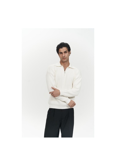 Mai Collection Mai Studios Co. Oberon Polo Yaka Yarım Fermuarlı Ekru Erkek Triko Kazak Ekru