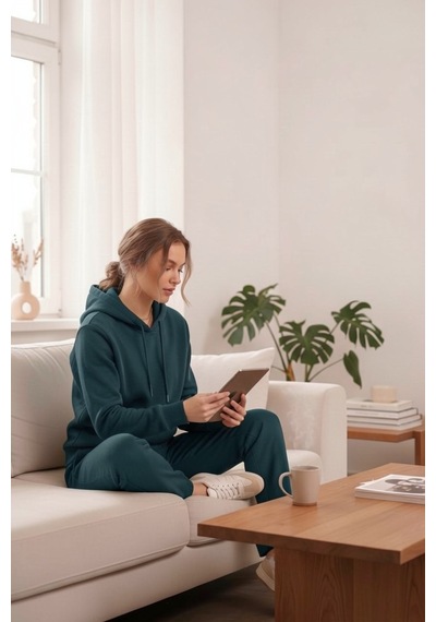Moibody Kadın 3 İplik Şardonlu Eşofman Takımı Premium Kapüşonlu Sweatshirt Ve Jogger Alt Petrol Petrol