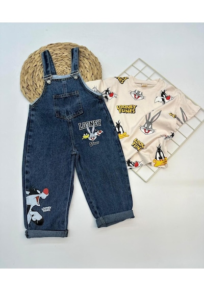 Nota Kids Baskılı Çocuk Kot Salopet Trend 2 Parça Kombin 3-6 Yaş Çok Renkli