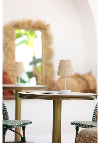 Rattan & Bambu Kablosuz Şarjlı Masa Lambası - Alt Uzun Beyaz Beyaz