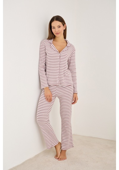 Siyah İnci Fırçalı Soft Fitilli Kaşkorse Hırka Pijama Takım Gül Beyaz