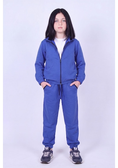 Panios Kids Kız Çocuk Dik Yaka Fermuarlı Beli Bağcıklı Lastik Paça Eşofman Takımı Mavi