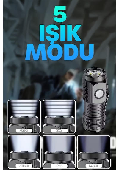 5 Modlu Şarjlı Klipsli Mıknatıslı El Feneri Mini 3 Cob Led Lamba Acil Durum Işığı 8433 Siyah