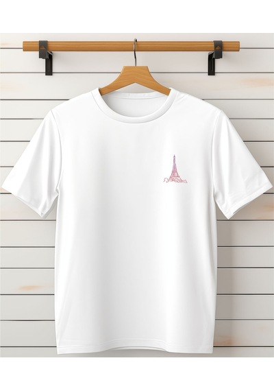 Aselinda Eyfel Kulesi Baskılı Bisiklet Yaka T-shirt-göğüs Detaylı Tişört Beyaz