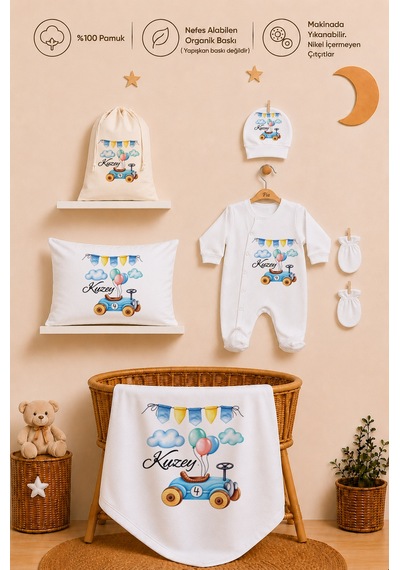 Pia Baby İsme Özel Hastane Çıkışı %100 Pamuk Erkek Bebek Organik Baskılı Tulum Set Keseli Hediyelik 2071tybk0x Krem