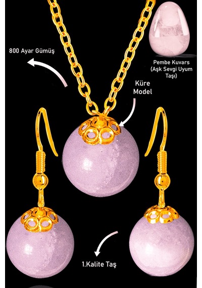Sertifikalı Gold Küre Model Pembe Kuvars Taşı Kolye Ve Küpe Seti Çok Renkli