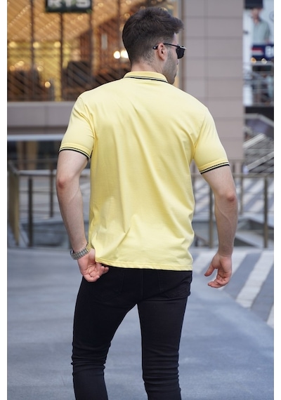 Madmext Sarı Çizgili Polo Yaka Tişört 5869-Sarı